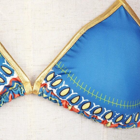 Gorgeous Ultra Sexy Goddess in Gold Boho Aztec Print Bikini Swimsuit Strappy NEW - Picture 6 of 12